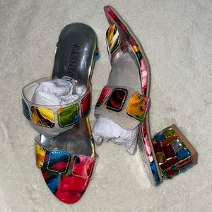 Multicolor diamond heel strappy sandals